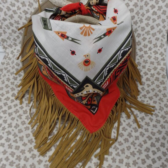 VINTAGE Wamcraft Accessories - Wamcraft Vintage Neck Kerchief Native American Print Leather Fringed Scarf EUC